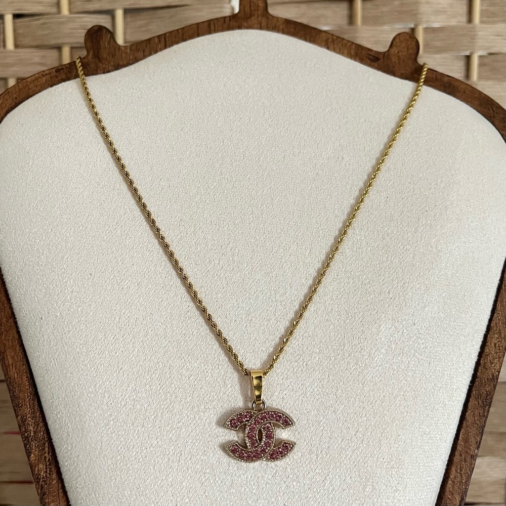 Designer Gold Pink Rhinestones Pendant Zipper Pull Repurposed Necklace